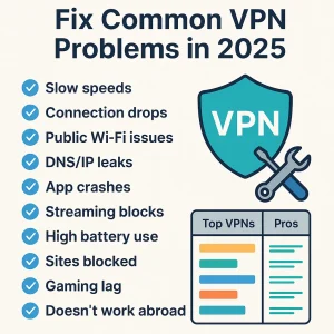 Infographic listing 10 common VPN problems and how to fix them in 2025