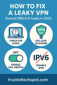 Infographic showing how to fix a leaky VPN and prevent DNS & IP leaks in 2025