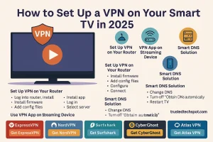 Infographic showing how to set up a VPN on your Smart TV in 2025 using router, app, DNS, or hotspot
