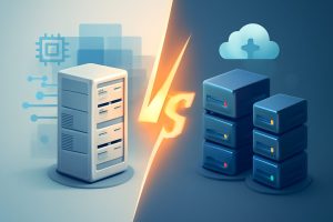 A futuristic server room with a split comparison theme