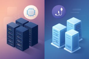 Two metaphoric server towers on either side with digital connections