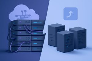 Modern data center with rows of server racks and glowing indicators