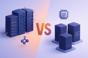 A futuristic duel between two servers symbolizing hosting choices for 2025