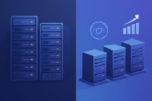 Two computer servers side by side representing shared and VPS hosting options