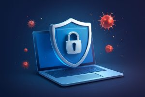 Futuristic interface displaying antivirus software features