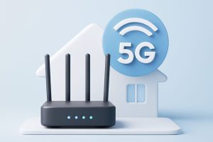 Modern 5G router in a home environment with ambient lighting