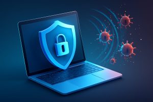 Modern digital shield protecting a laptop with various antivirus icons emerging