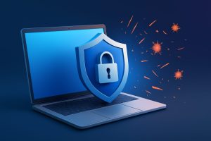 A sleek, modern laptop displaying antivirus software dashboard