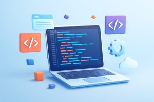 Sleek modern laptop on a minimalist desk setup with coding on the screen