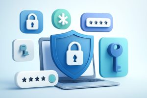 A digital vault icon surrounded by secure locks on a tech-themed background