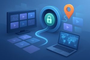 Laptop displaying streaming service next to VPN app interface