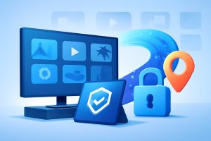 Streaming devices with VPN service logos on a desk