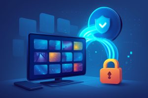 Globe with digital streaming icons and encrypted pathways surrounding it