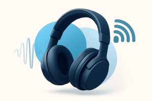 Modern wireless headphones on a sleek wooden table with ambient lighting