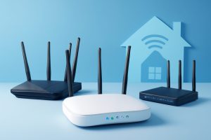 A modern, sleek wireless router on a wooden table with a soft light background