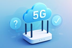 Sleek and modern 5G router on a wooden table with tech devices around