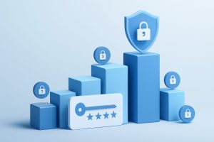 A person using a digital padlock on a laptop screen with password icons