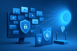 Modern user browsing the internet securely on multiple devices