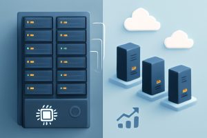 Comparison chart with visuals of servers and cloud elements