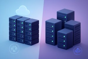 Two futuristic servers side by side with digital network elements