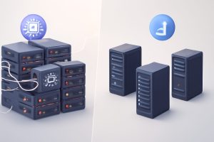 Split-screen of a busy web server room and a simplified cloud interface