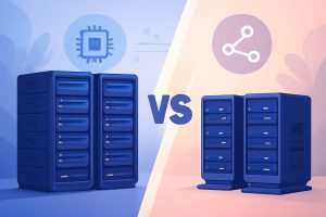 Comparison of shared and VPS hosting with futuristic server visuals
