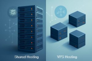 Futuristic server rooms illustrating shared and VPS hosting options