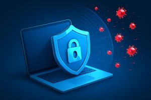 Digital illustration of a computer with shield and virus icons around it