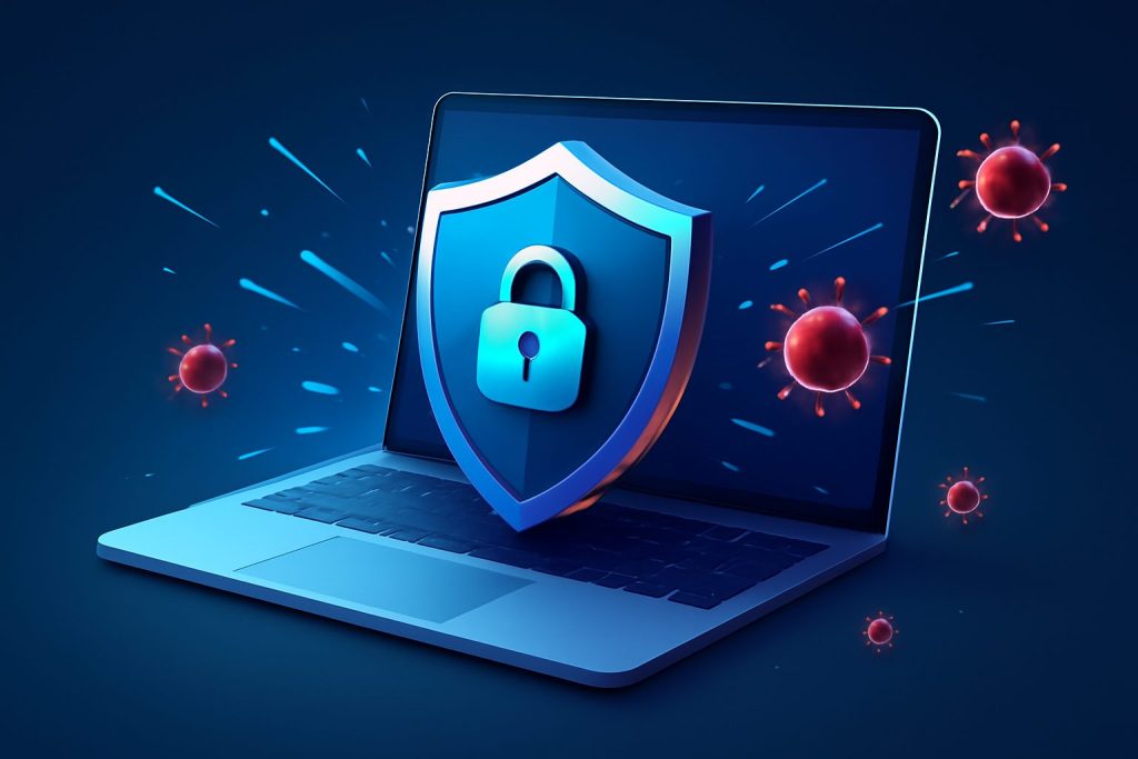 A futuristic digital interface displaying antivirus software on multiple screens