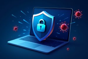 A futuristic digital interface displaying antivirus software on multiple screens