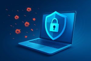 Digital shield encircled by icons of antivirus software