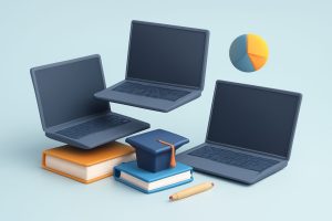 A group of affordable laptops open on a study desk