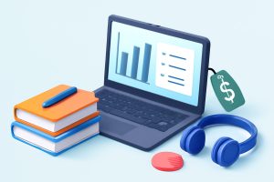 A lineup of four modern laptops on a student desk with books and a coffee cup