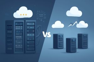 Three futuristic server rooms representing AWS, Azure, and Google Cloud