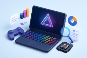 Sleek gaming laptop on a futuristic desk with RGB lighting