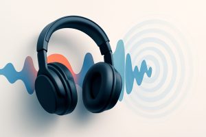 Modern noise cancelling headphones on a wooden desk with gentle light