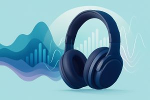 Modern high-tech headphones on a sleek table, minimal design, soft focus