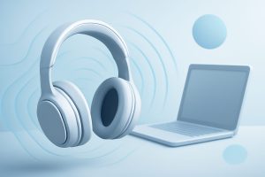 Modern noise cancelling headphones on a sleek workstation with a laptop and coffee mug