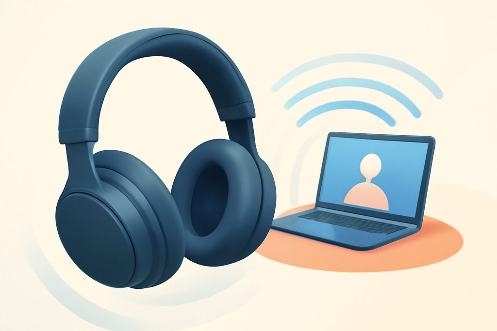 Person wearing modern over-ear headphones in a cozy home office setting