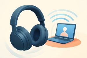Person wearing modern over-ear headphones in a cozy home office setting
