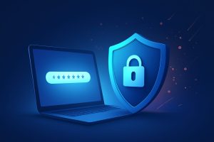 Various digital security icons alongside computer screens