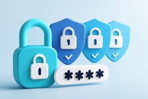 Various digital password icons with floating locks and keys