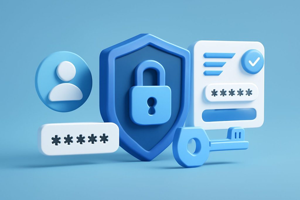 A digital lock on a screen with security icons surrounding it
