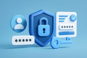 A digital lock on a screen with security icons surrounding it