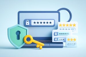 Colorful digital lock icons on a dark background representing security