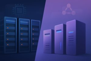 Modern server racks in a brightly lit data center