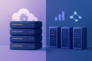 Two business professionals comparing shared hosting services on laptop