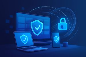 Multiple devices connected through a secure VPN network represented by abstract lines