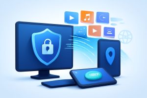 Multiple devices connected to a VPN network with a world map in the background