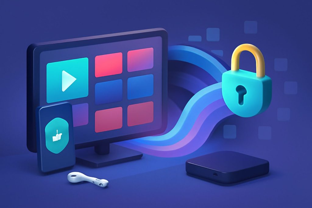 Several digital device screens with streaming content icons against a futuristic backdrop